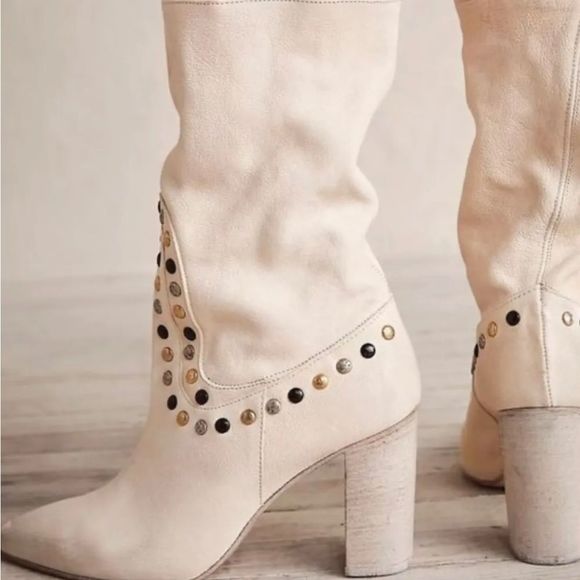Free People Studded Dakota Heel Boot Leather Slouch Ivory Distressed Leather - Picture 1 of 9